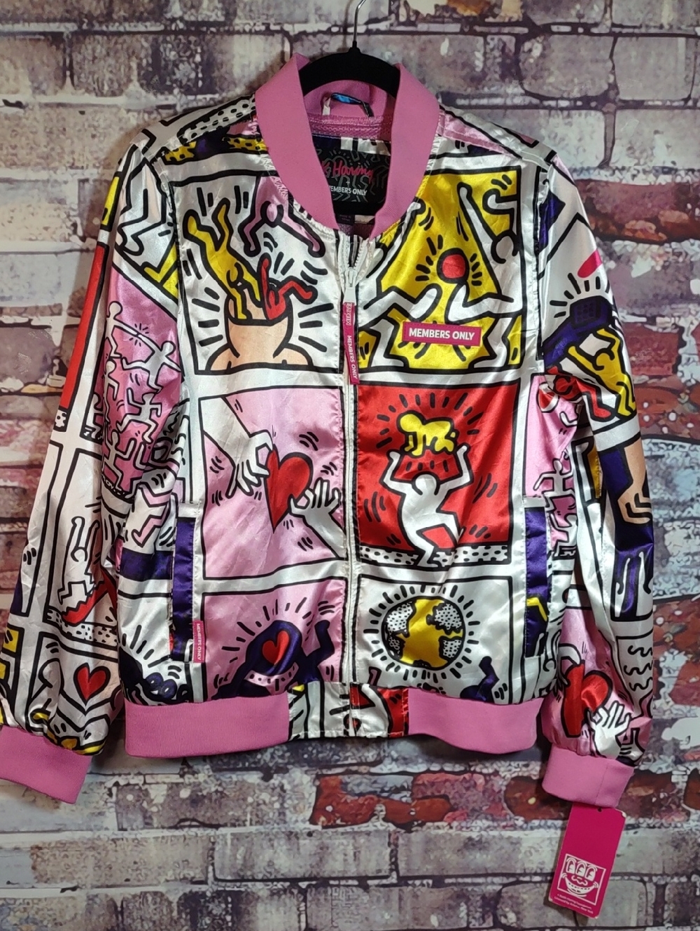 Keith Haring X Members Only Satin Pop Art Graphic Bomber Jacket